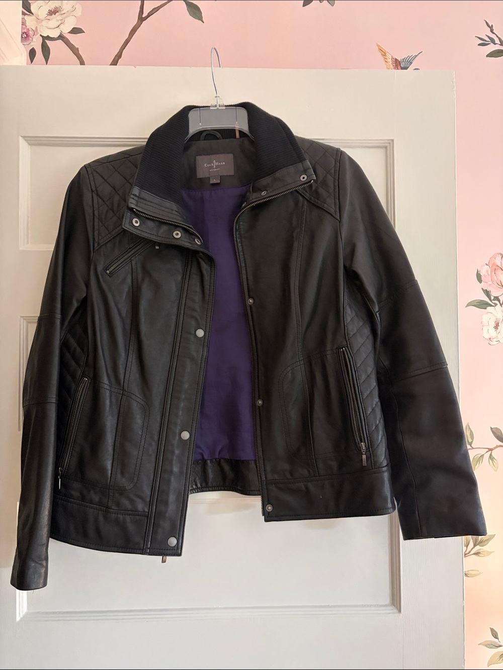 Cole Haan Black Quilted-Shoulder Leather Jacket
